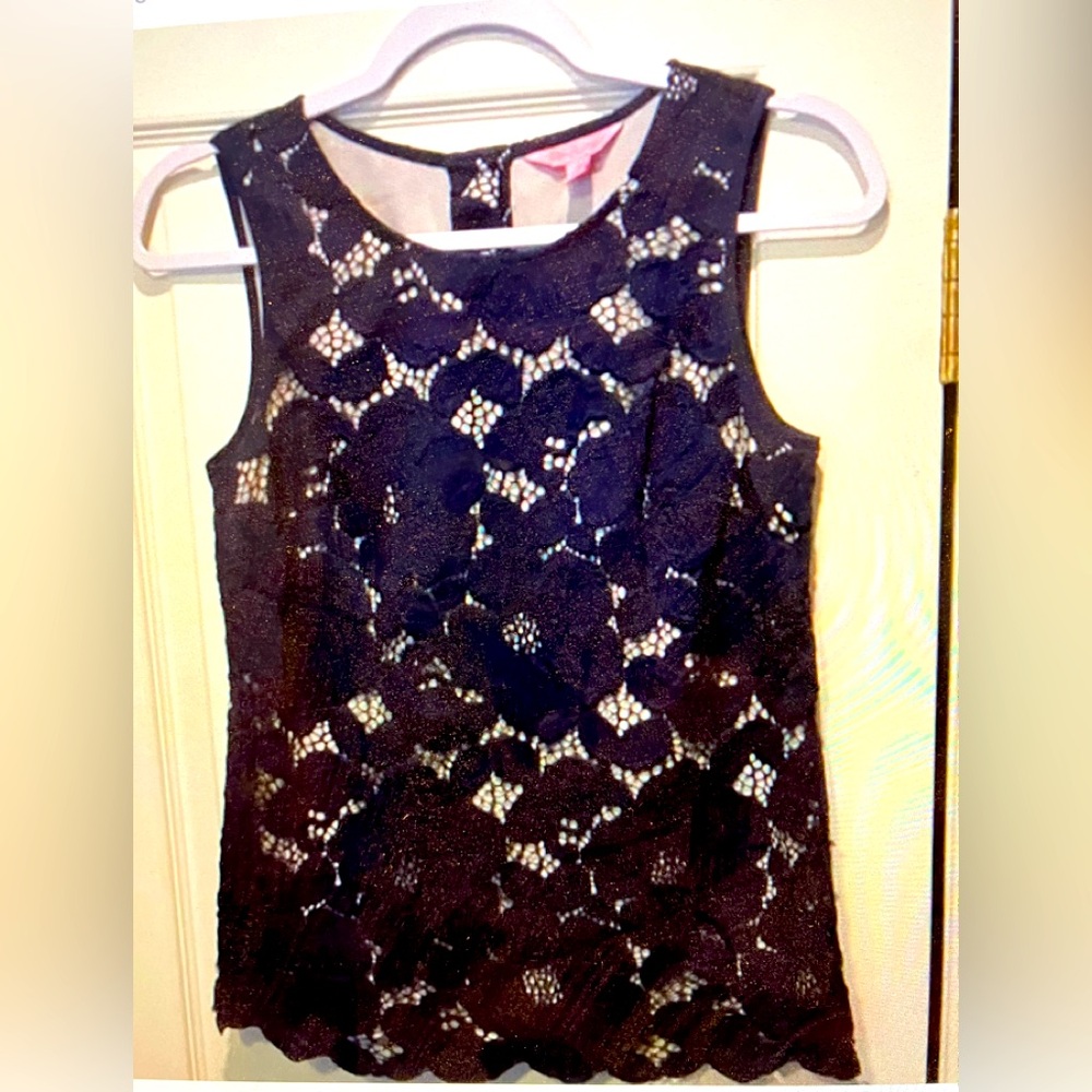 Lilly Pulitzer Lona Floral Lace‎ Sleeveless Tank Top Navy Blue, Size Medium